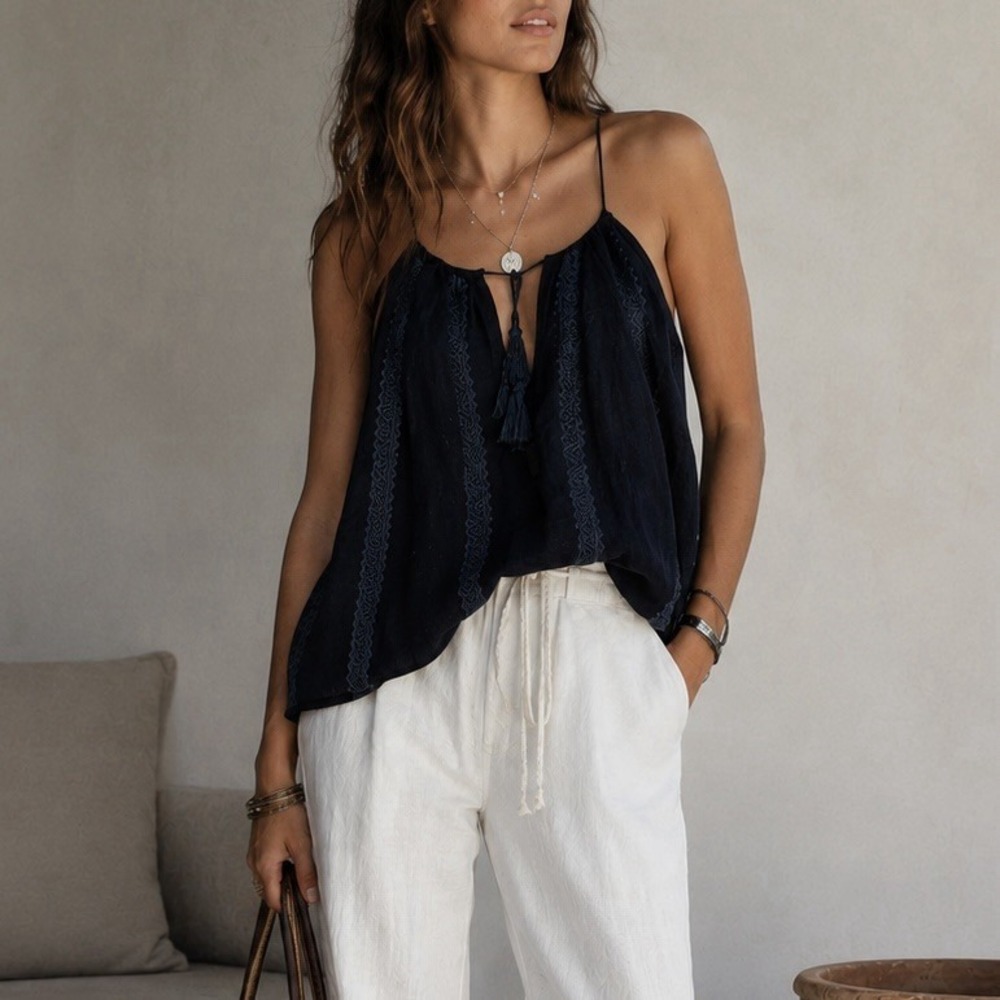 Nili Lotan Blue Linen Embroidered Tassel Tank Top Blouse Sz S